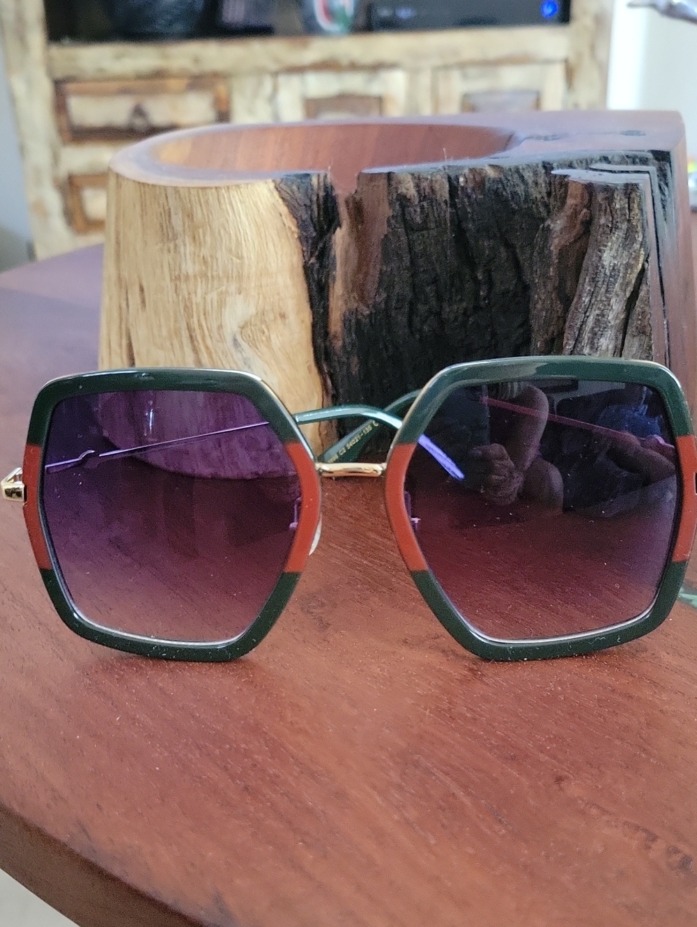 Hexagonal Sunglasses in Green and Red With Gradient UV Lenses